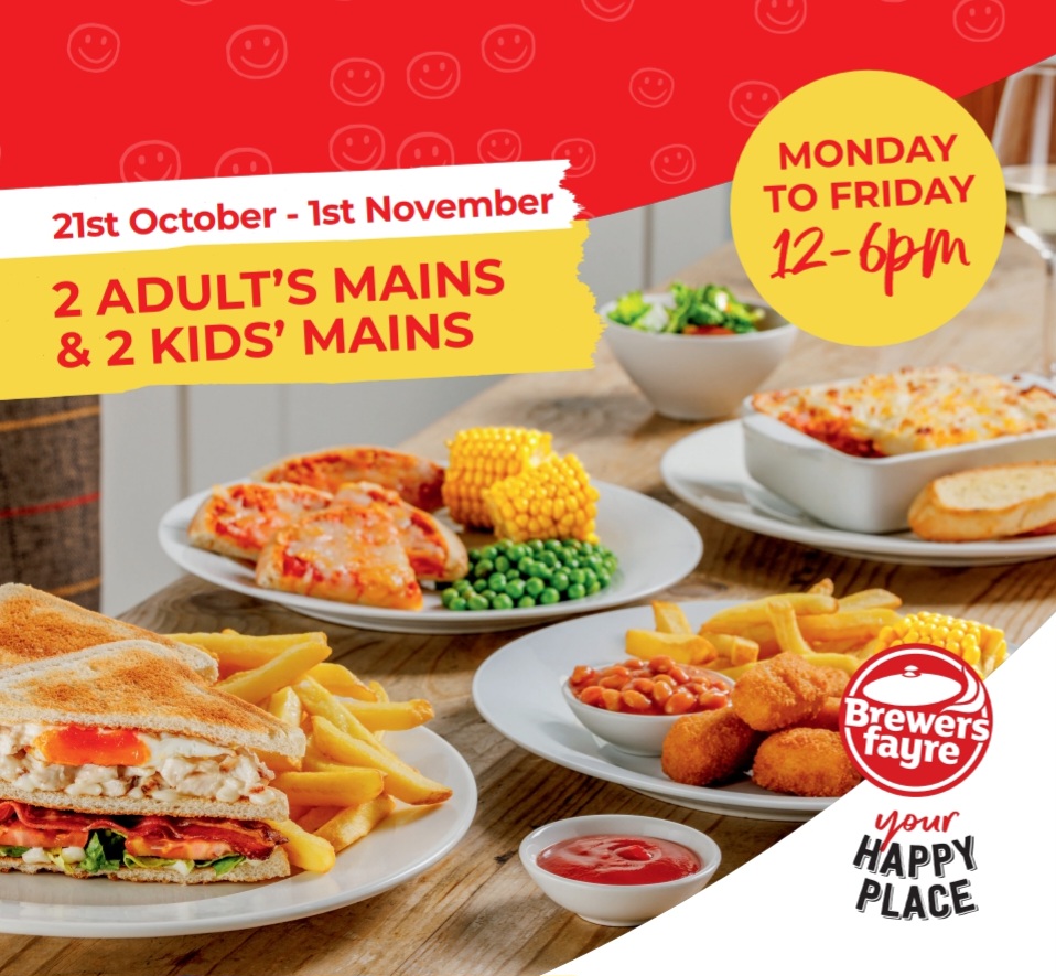 😋 FEED THE FAMILY FOR £20 AT BREWERS FAYRE THIS AUTUMN HALF TERM! - $20.00   until November 01, 2024