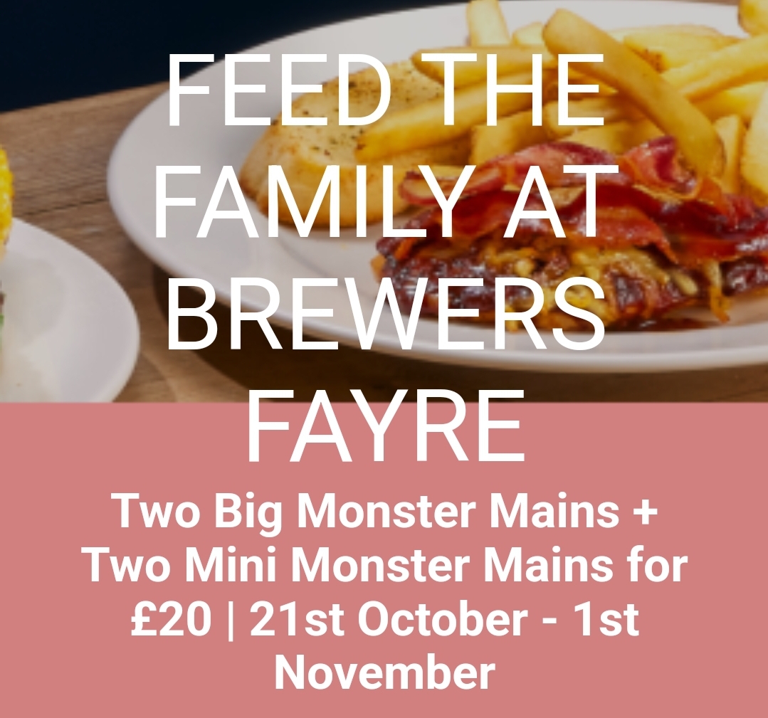 😋 FEED THE FAMILY FOR £20 AT BREWERS FAYRE THIS AUTUMN HALF TERM! - $20.00   until November 01, 2024