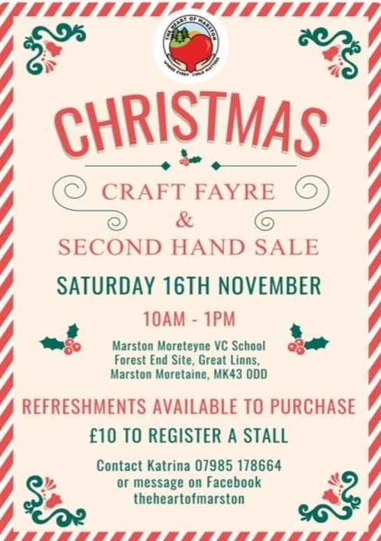 🛍 Christmas Craft Farye & Second Hand Sale - Marston Moretaine at Marston Moreteyne VC School, Forest End Site, Great Linns, Marston Moretaine, Bedfordshire, MK43 0DD | Adults, Craft Fair, Food/Drink, Free Entry, Indoor, Low Cost, Seasonal, Family, Charity, Christmas | Suitable for: Children, Family 🛍 Christmas Craft Farye & Second Hand Sale - Marston Moretaine - Event Image 2 November 16, 2024 10:00 AM