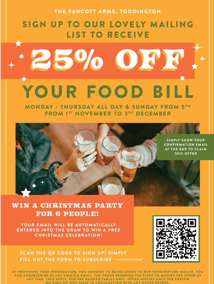 💥 GET 25% OFF FOOD AT THE FANCOTT IN TODDINGTON BEDFORDSHIRE WHEN YOU SIGN UP! -  (25% off)  until December 03, 2024