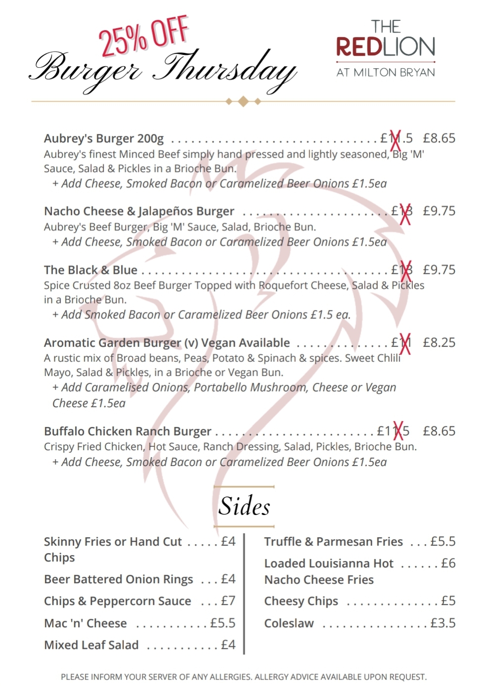 💥 25% Off Burger Banger Menu at The Red Lion in Milton Bryan - Event Image 4 November 07, 2024 