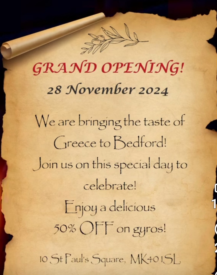 🇬🇷 🎊 Grand Opening of a NEW Greek Takeaway Restaurant in Bedford with 50% off Gyros!! - Event Image 2 November 28, 2024 12:00 PM