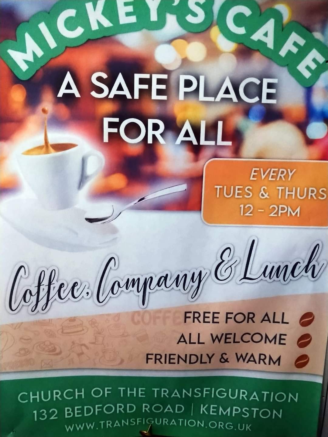 🍵 Free Micky's Cafe at The Transfiguration Church, Kempston at Transfiguration Church, 132 Bedford Rd, Kempston, Bedford MK42 8BQ | Adults, Charity, Family, Food/Drink, Free, Indoor, Social | Suitable for: Family, Parking Onsite, Toilets 🍵 Free Micky's Cafe at The Transfiguration Church, Kempston - Event Image 3 November 19, 2024 12:00 PM