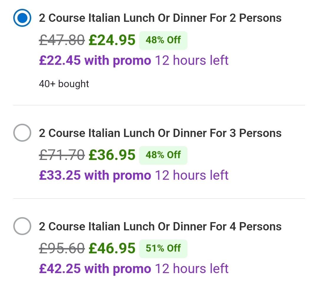 🇮🇹 Italian Lunch/Dinner offer in Bedford through Groupon  -  (48% off)  