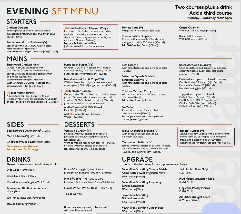💥 Beefeater Evening Set Menu - 2 Courses and a drink for £20pp - $20.00   
