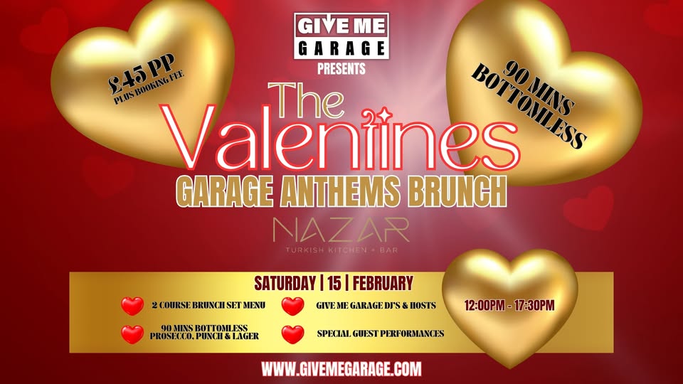 💃 The Valentines Garage Anthems Brunch 2025, Bedford - Original Event Image | Indoor, Music, Ticket Event, Adults, Entertainment, Food/Drink, Fun, Social, Advance Booking, Rainy Days | Suitable for: Adults Only, Toilets 💃 The Valentines Garage Anthems Brunch 2025, Bedford - February 15, 2025 12:00 PM at The Nazar Lounge, 17 High Street, Bedford MK40 1RN