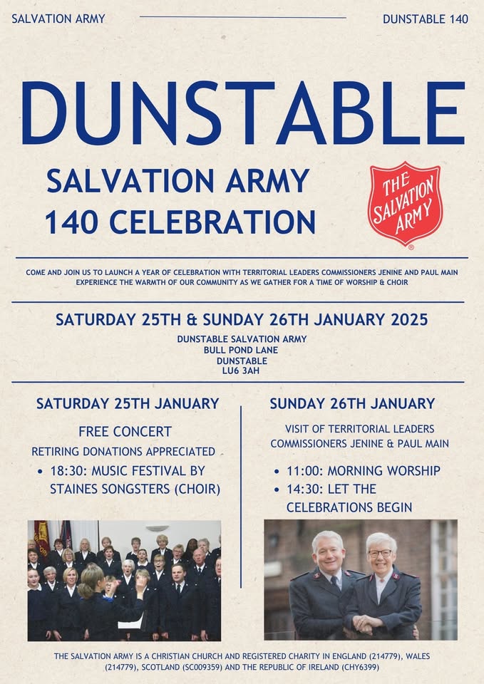🎼 Celebrating 140 Years of The Salvation Army In Dunstable - January 25, 2025 06:30 PM at Salvation Army, Bull Pond Lane, Dunstable, LU6 3AH, United Kingdom