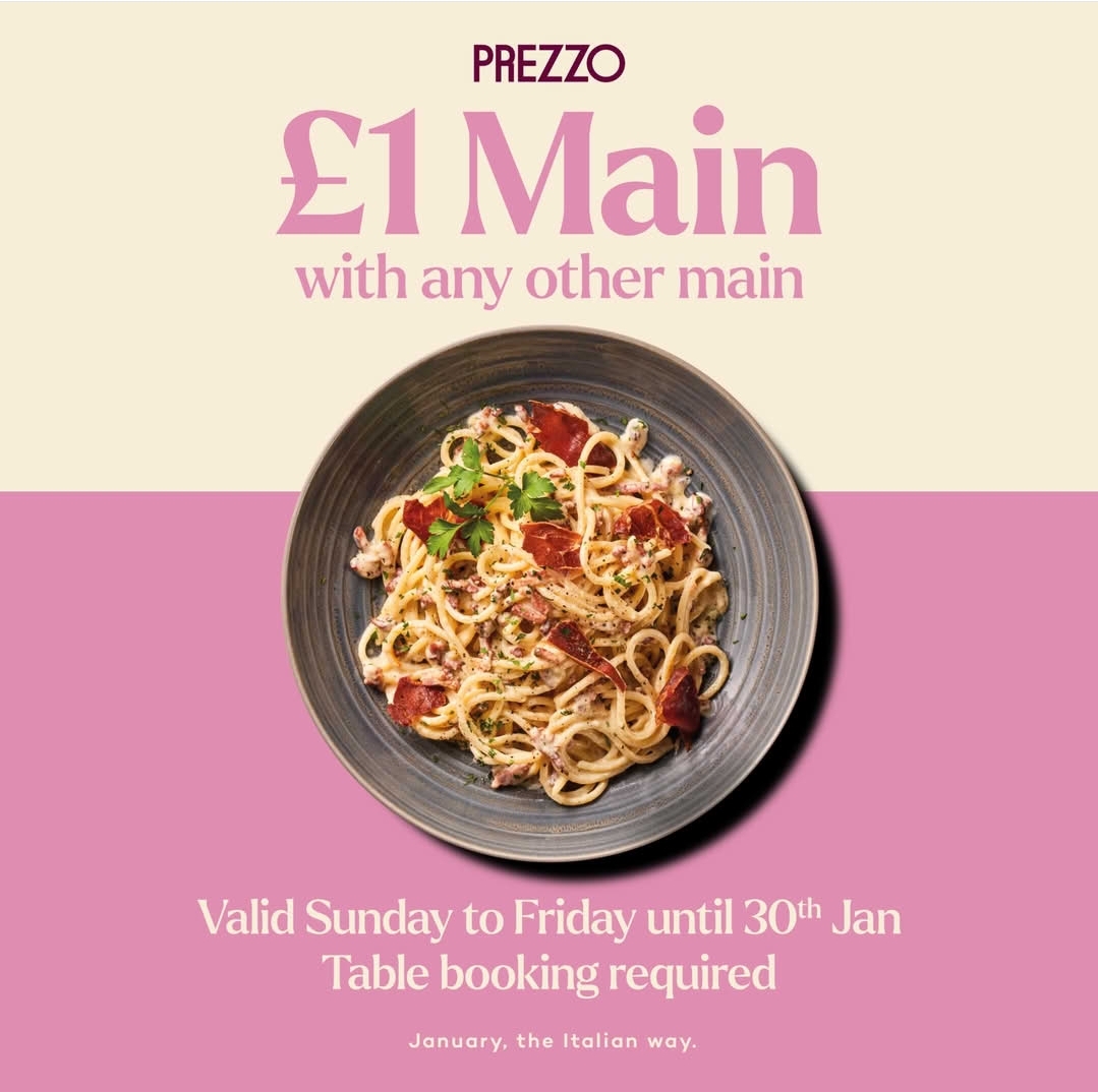 🇮🇹 Buy 1 main meal and get 1 for £1 at Prezzo this January 2025! (With a voucher) at Prezzo Italian Restaurant, 7 Stadium Way W, Bletchley, Milton Keynes MK1 1ST | Adults, Advance Booking, Date Idea, Food/Drink, Low Cost, Nightlife, Rainy Days, Indoor | Suitable for: Family, Toilets 🇮🇹 Buy 1 main meal and get 1 for £1 at Prezzo this January 2025! (With a voucher) - Event Image 2 January 14, 2025