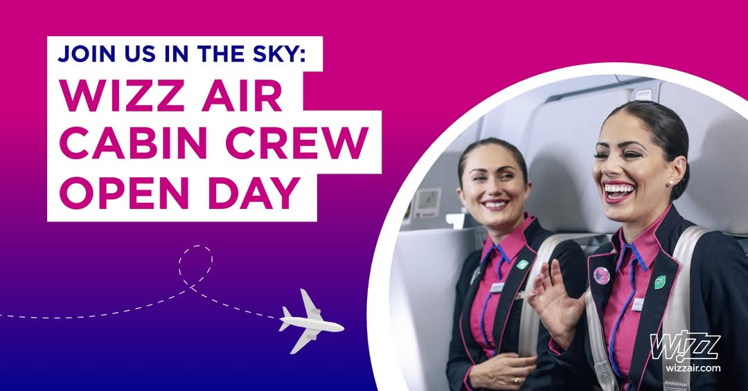 Wizz Air Cabin Crew Recruitment Day in London, Luton at Percival House, 134 Percival Way, London Luton Airport | Education, Free Entry, Social | Suitable for: Adults Only, Parking Onsite Wizz Air Cabin Crew Recruitment Day in London, Luton - Event Image 2 January 26, 2025 09:00 AM