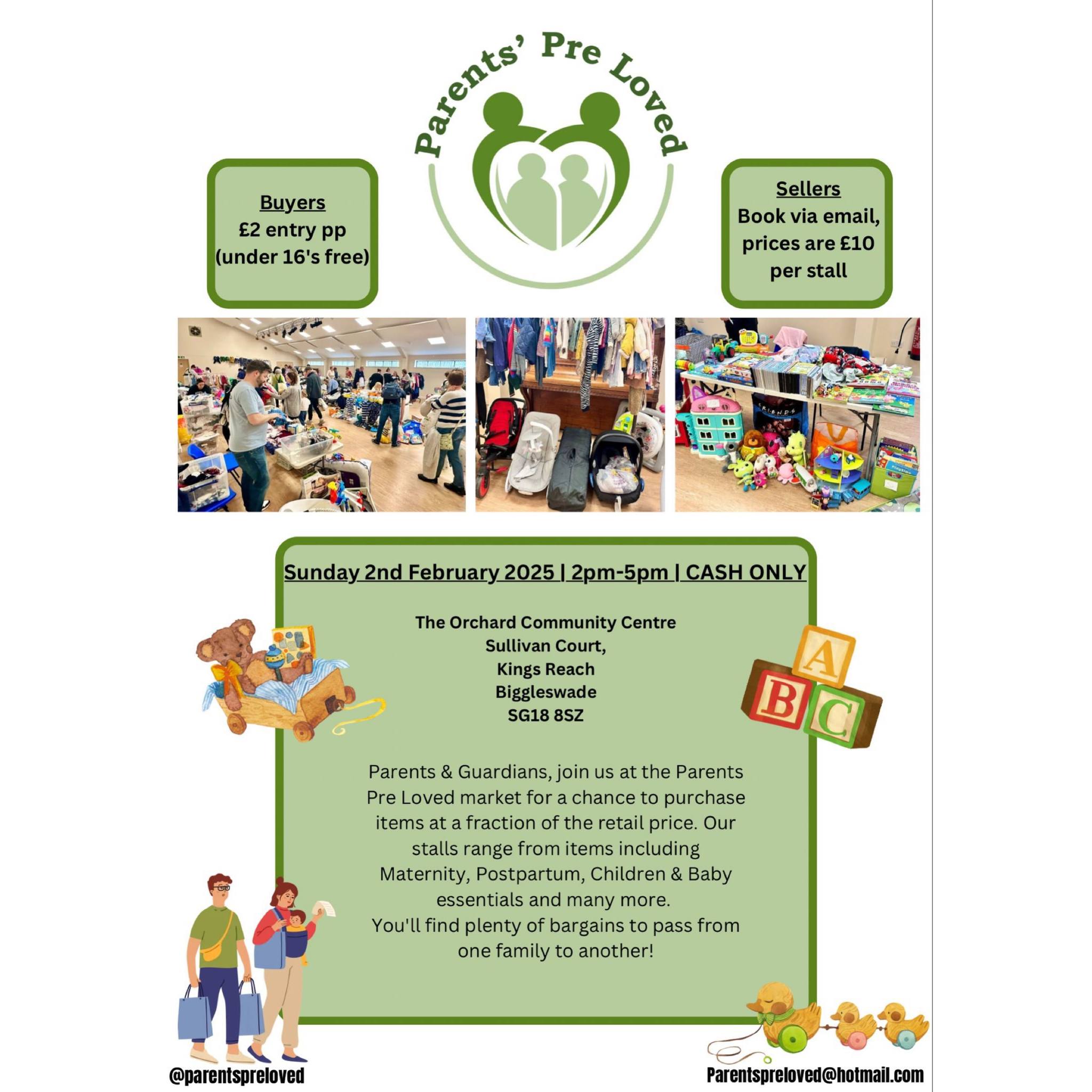 👶 Parents Preloved, Baby & Child Market in Biggleswade 2025 - Original Event Image | Baby/Toddlers, Indoor, Low Cost, Market, Pay On Entry, Adults, Preloved, Free, Outdoor, Parks, Weather Permitting | Suitable for: Accessible, Family, Free Parking, Parking Onsite, Toilets 👶 Parents Preloved, Baby & Child Market in Biggleswade 2025 - February 02, 2025 02:00 PM at The Orchid Community Centre, Sullivan Court, Biggleswade SG18 8SZ
