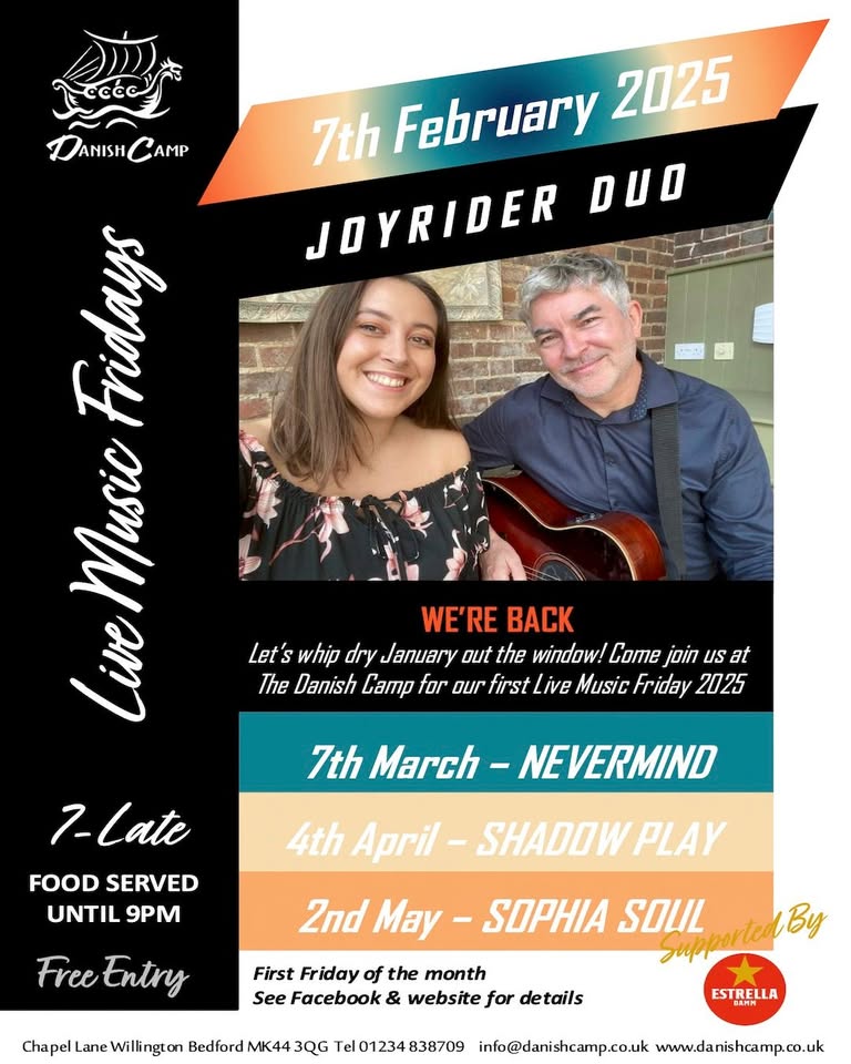 🎤 Free Entry: Live Music Friday - Joyrider at the Danish Camp, Bedford - February 07, 2025 07:00 PM at Danish Camp, Chapel Ln, Willington, Bedford, MK44 3QG