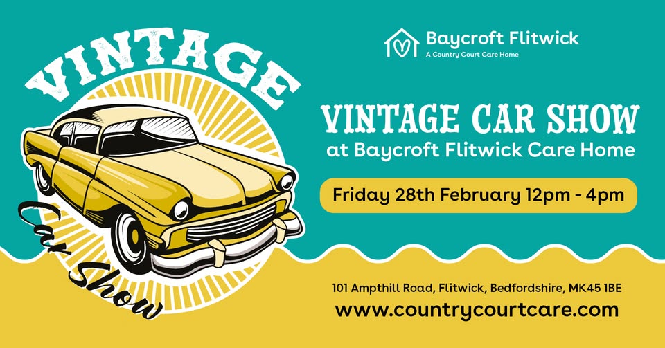 🚘 Vintage Car Show at Baycroft Flitwick Care Home - Original Event Image | Automotive, Entertainment, Food/Drink, Free Entry, Fun, Kids, Outdoor, Weather Permitting, Adults, OAP, Social | Suitable for: Accessible, Family, Toilets, Wheelchair Friendly, Parking Onsite 🚘 Vintage Car Show at Baycroft Flitwick Care Home - February 28, 2025 12:00 PM at Baycroft Flitwick Care Home, 101 Ampthill Road, MK45 1GX Flitwick, United Kingdom