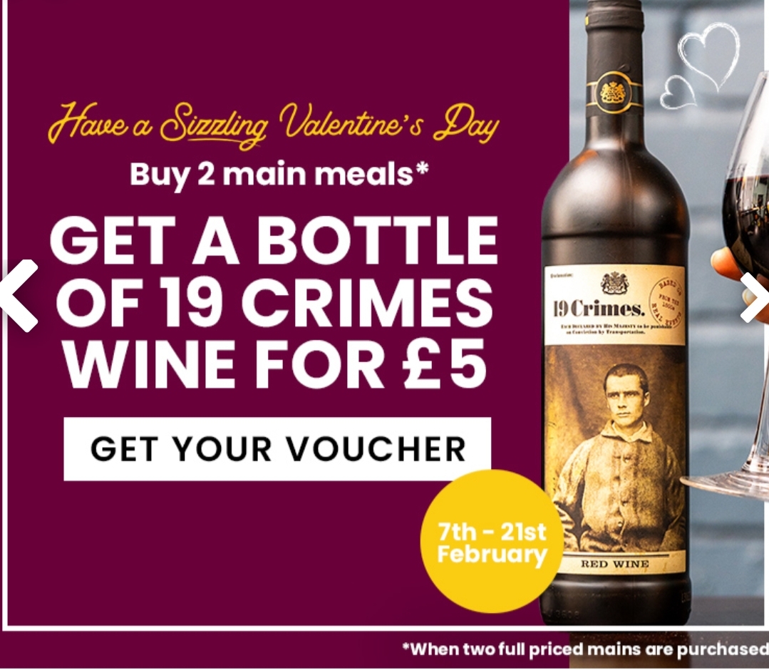 🤑💖 Valentines Day 2 meals from £11.50/£12.50 plus wine offer for £5 at Sizzling Pubs! - Event Image 4 February 14, 2025 12:00 PM