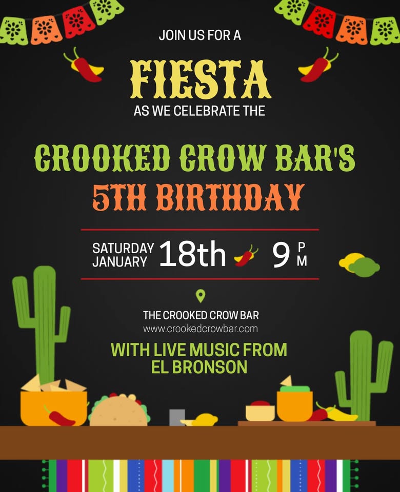 🎊 Our 5th Birthday Fiesta - Crooked Crow Bar, Leighton Buzzard - Original Event Image | Free Entry, Adults, Indoor, Music, Entertainment, Nightlife | Suitable for: Adults Only, Toilets 🎊 Our 5th Birthday Fiesta - Crooked Crow Bar, Leighton Buzzard - January 18, 2025 09:00 PM at The Crooked Crow Bar, 27 Waterborne Walk, Leighton Buzzard, LU7 1DH