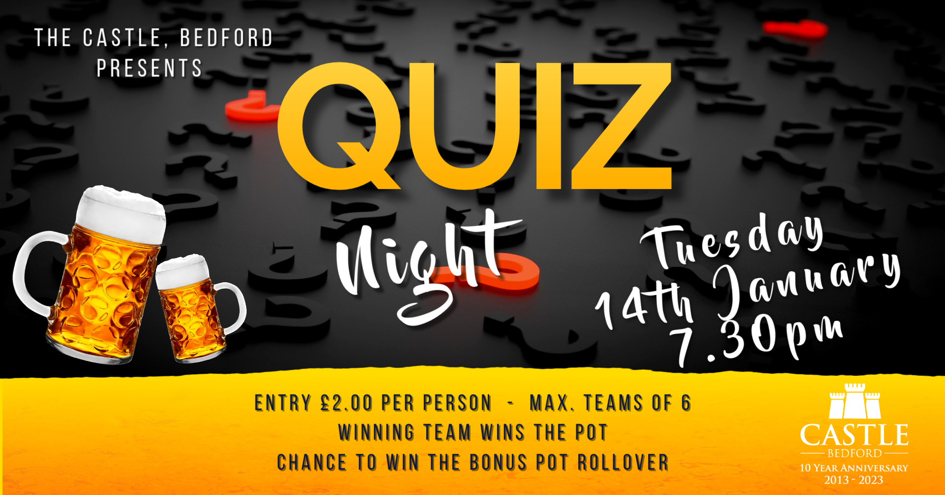 ❓️The Great Big Castle Quiz of 2025 - Bedford - Original Event Image | Adults, Advance Booking, Food/Drink, Fun, Indoor, Education, Nightlife, Social | Suitable for: Adults Only, Toilets ❓️The Great Big Castle Quiz of 2025 - Bedford - January 14, 2025 07:30 PM at The Castle, 17 Newnham Street, Bedford, MK40 3JR, United Kingdom