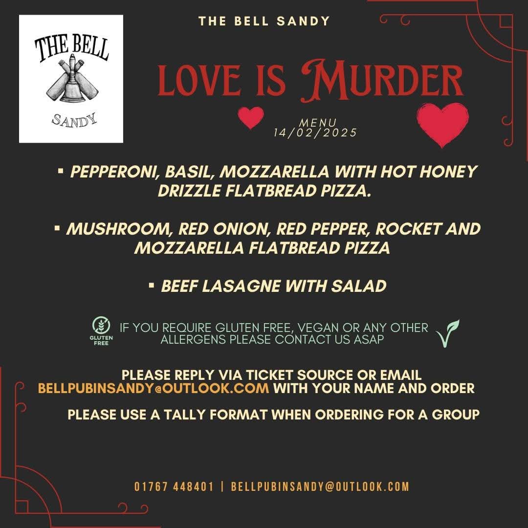 🔪💕 Valentines Murder Mystery with Dinner - The Bell, Sandy - Event Image 3 February 14, 2025 07:30 PM