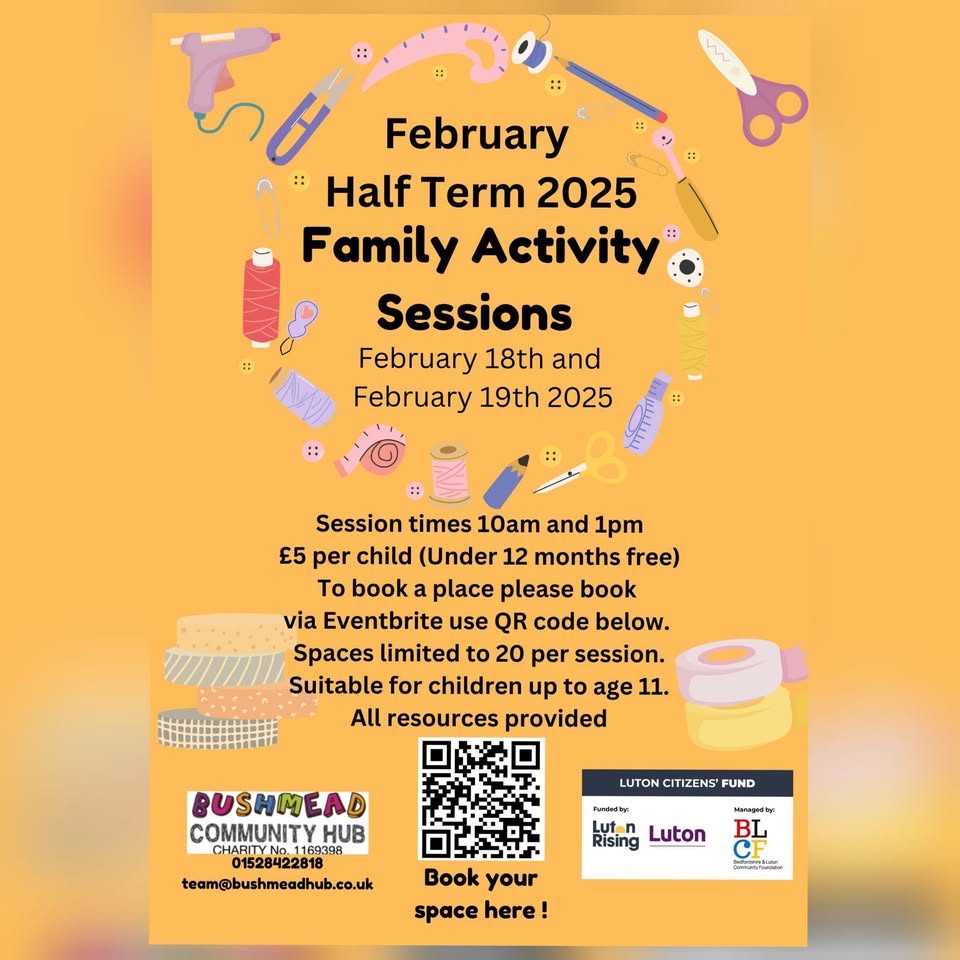 🖍 Half-Term Family Activities at Bushmead Community Hub, Luton - February 19, 2025 10:00 AM at Bushmead Community Hub, Hancock Drive, Luton, LU2 7SF
