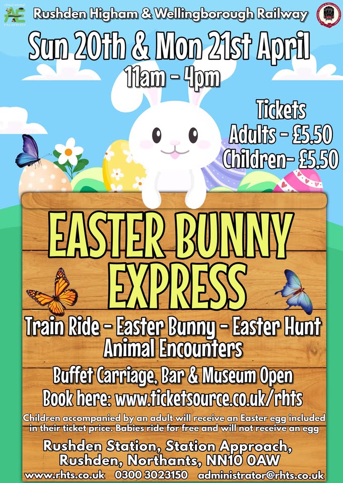 🚂 🐰 Easter Bunny Express at Rushden Railway Centre 2025 - April 21, 2025 11:00 AM at Rushden Historical Transport Society, Rushden Station, Station Approach, Rushden, Northamptonshire, NN10 0AW