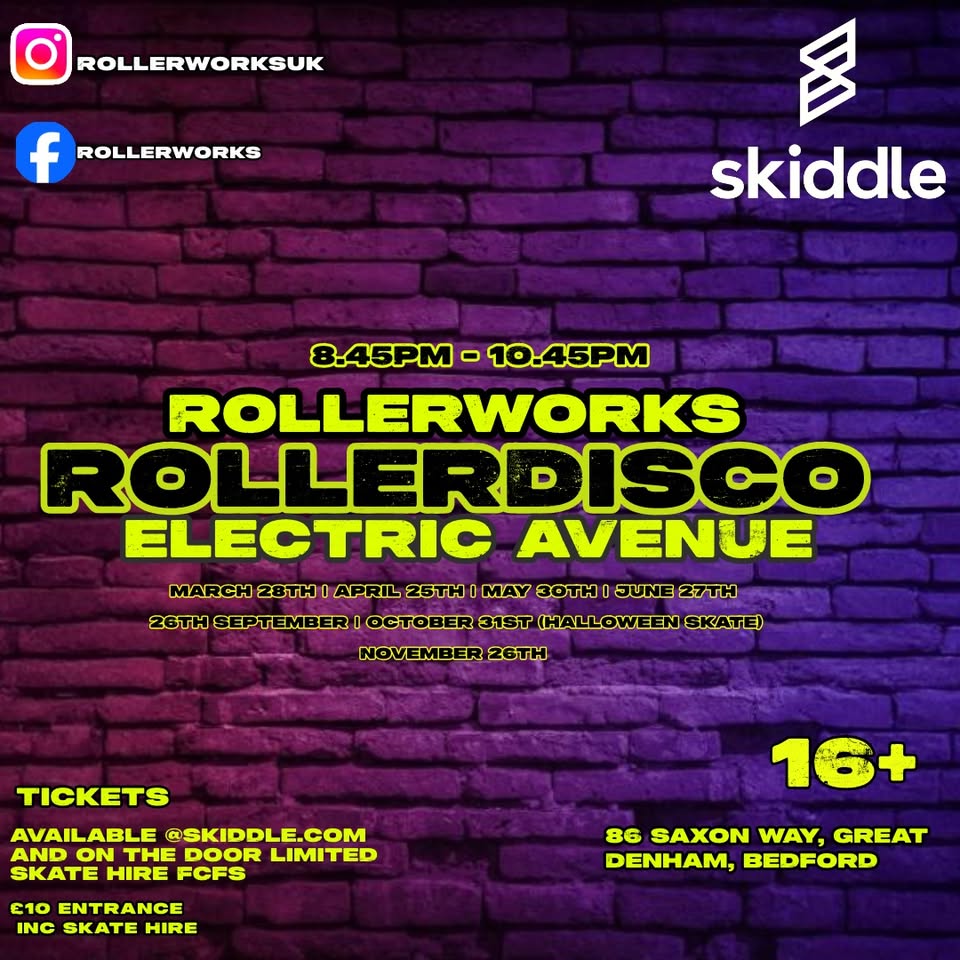 🛼 Rollerworks: Back to the Rollerdisco at Great Denham(ages 16+) - May 30, 2025 08:45 PM at Great Denham Community Hall, 86-88 Saxon Way, Great Denham MK40 4GP