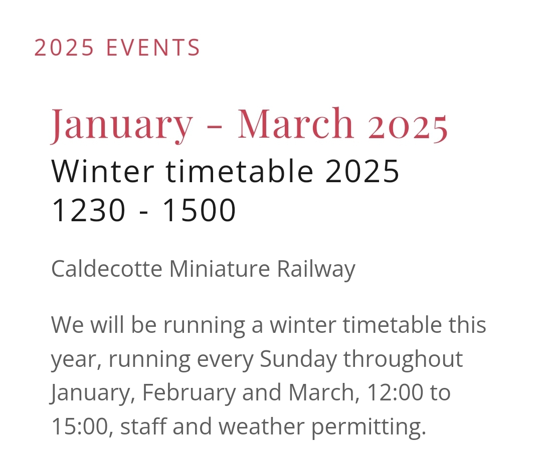 🚂 Caldecotte Miniature Railway 2025 💥 Only £1pp! at Caldecotte Miniature Railway, Lakeside Grove, Milton Keynes MK7 8HP
| Automotive, Baby/Toddlers, Family, Fun, Kids, Outdoor, Pay On Entry, Seasonal, Tickets, Low Cost, Christmas, Play Area, Weather Permitting | Suitable for: Children, Family, Parking Onsite, Free Parking 🚂 Caldecotte Miniature Railway 2025 💥 Only £1pp! - Event Image 8 March 02, 2025 12:00 PM