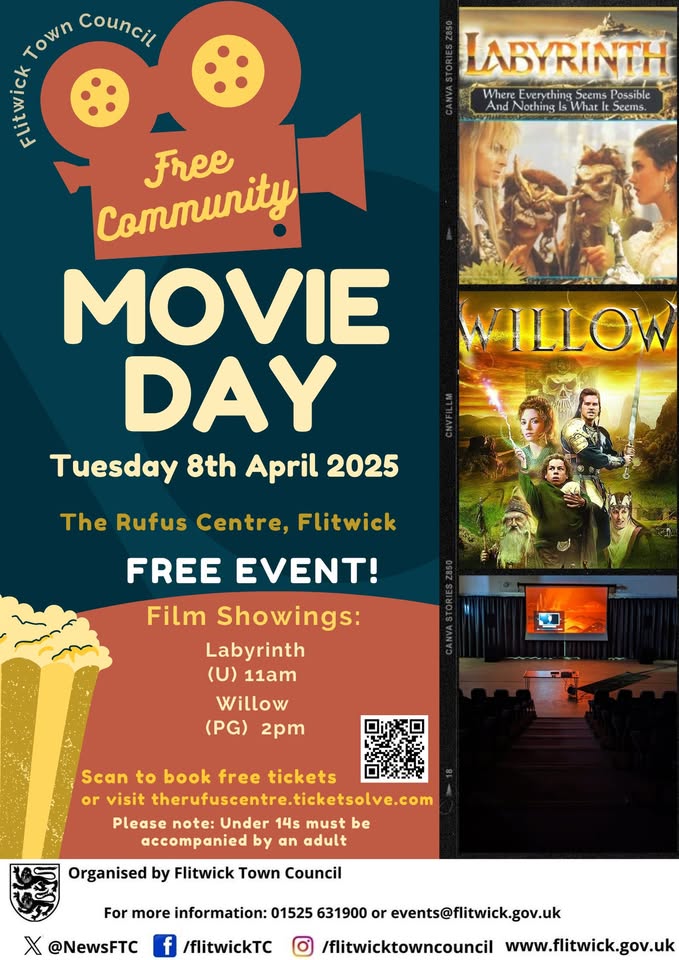 📽 FREE MOVIE DAY at Flitwick Rufus Centre - Easter Half Term 2025 (tickets needed) - April 08, 2025  at The Rufus Centre Steppingley Rd, Flitwick, Bedford, MK45 1AH