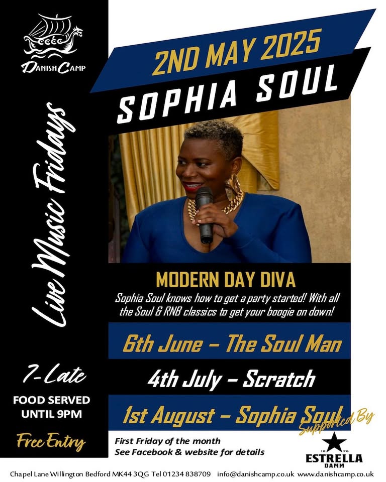🎶 Live Music Friday with Sophia Soul at The Danish Camp, Willington - May 02, 2025 07:00 PM at Danish Camp, Chapel Lane, Willington, Bedford, MK44 3QG