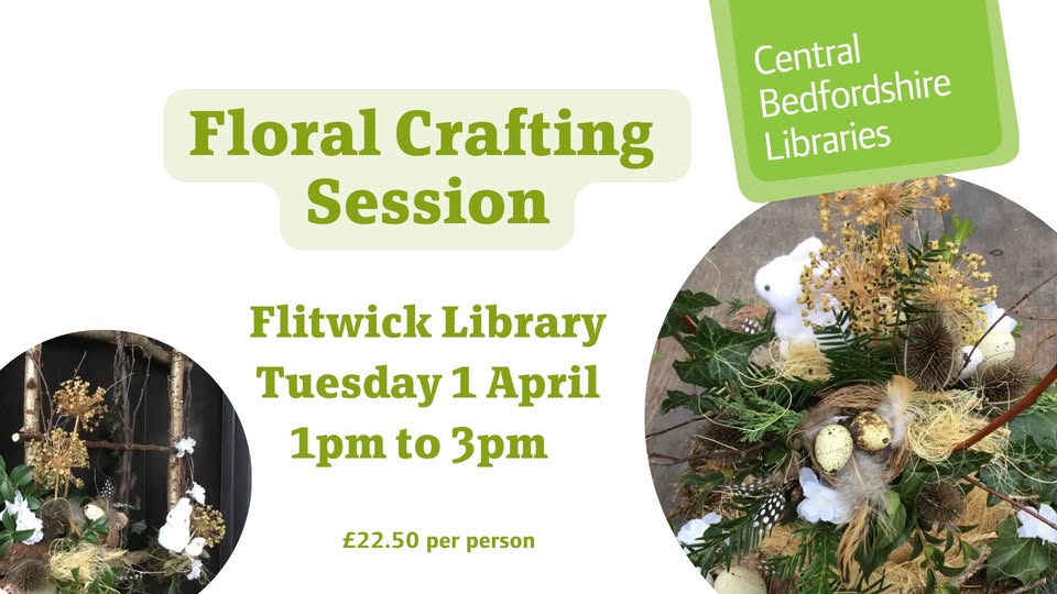💐 Floral Crafting Session at Flitwick Library April 2025 - Original Event Image | Adults, Advance Booking, Creative, Fun, Indoor, Social, Ticket Event | Suitable for: Accessible, Toilets, Wheelchair Friendly 💐 Floral Crafting Session at Flitwick Library April 2025 - April 01, 2025 01:00 PM at Flitwick Library, 15 Coniston Rd, Flitwick, Bedford MK45 1QL