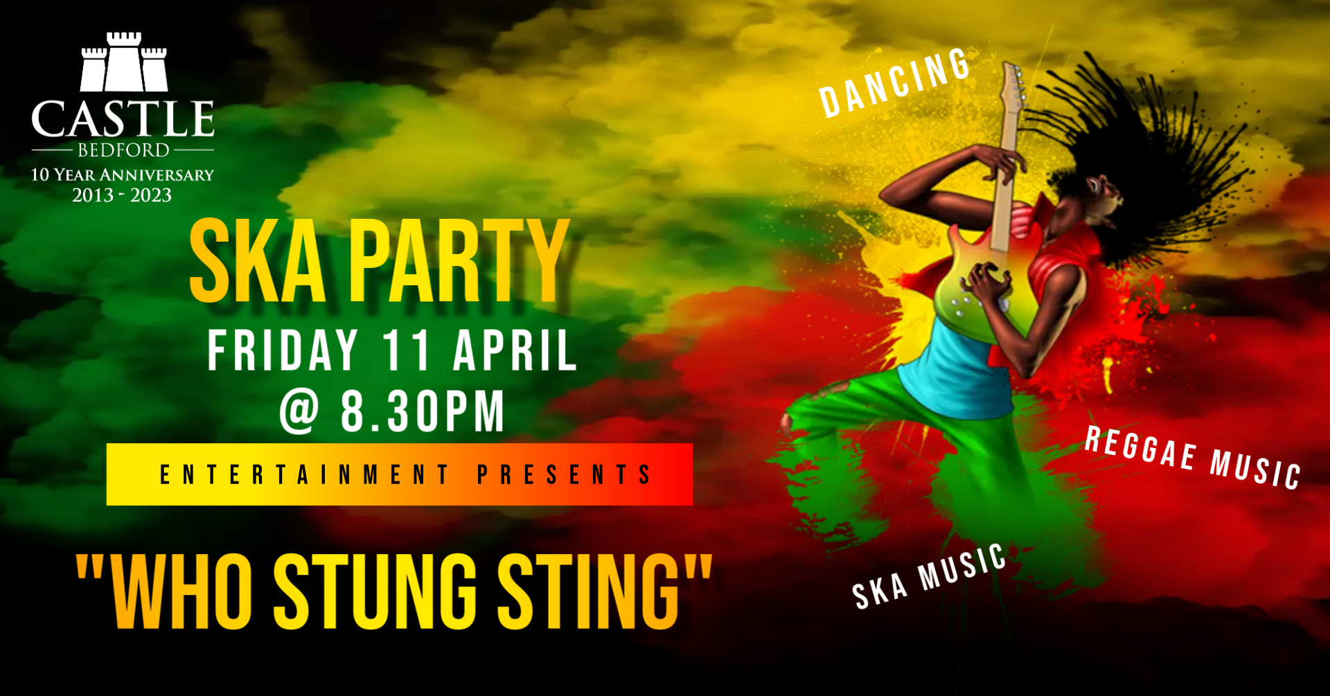 🕺 Ska Party with 'Who Stung Sting' - The Castle in Bedford - Original Event Image | Entertainment, Advance Booking, Tickets | Suitable for: Accessible, Wheelchair Friendly 🕺 Ska Party with 'Who Stung Sting' - The Castle in Bedford - April 11, 2025 08:30 PM at The Castle, 17 Newnham Street, Bedford, Bedfordshire MK40 3JR