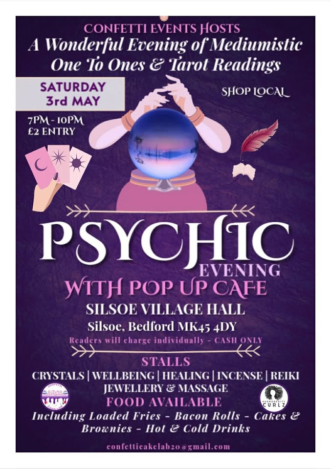 🔮 Psychic evening With pop up cafe at Silsoe Village Hall - Original Event Image | Adults, Entertainment, Food/Drink, Indoor, Pay On Entry, Social, Spiritual, Craft Fair, Rainy Days | Suitable for: Accessible, Free Parking, Parking Onsite, Toilets 🔮 Psychic evening With pop up cafe at Silsoe Village Hall - May 03, 2025 07:00 PM at Silsoe Village Hall, Bedfordshire MK45 4DY