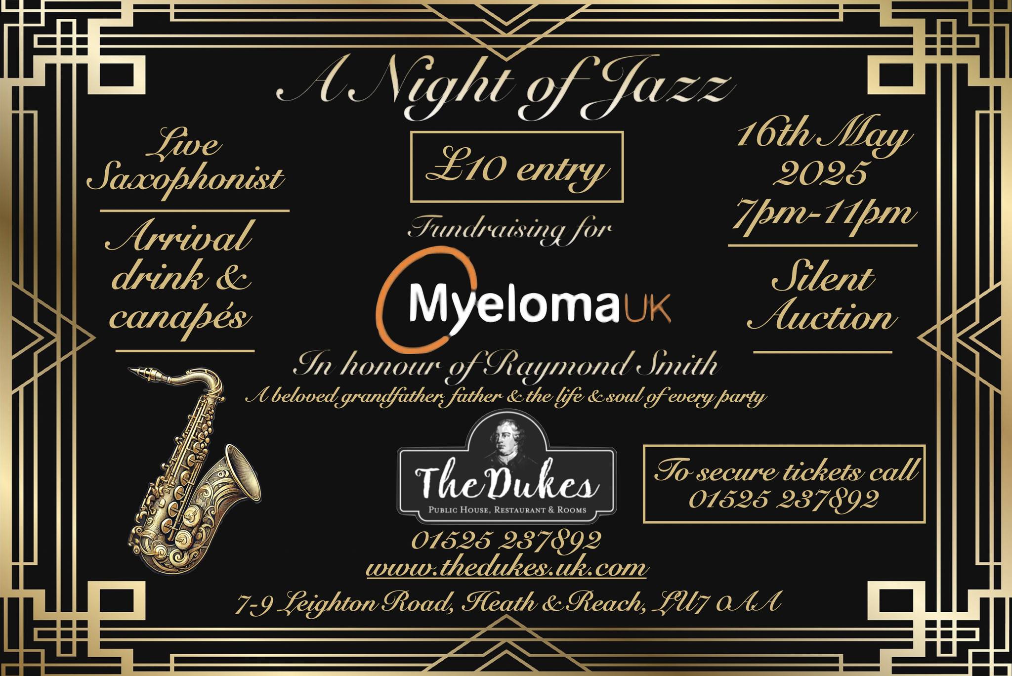 🎷 A night of Jazz for Myeloma UK at The Dukes, Heath & Reach - Original Event Image | Adults, Advance Booking, Charity, Entertainment, Food/Drink, Indoor, Music, Nightlife, Social, Ticket Event | Suitable for: Adults Only, Toilets, Free Parking, Parking Onsite 🎷 A night of Jazz for Myeloma UK at The Dukes, Heath & Reach - May 16, 2025 07:00 PM at The Dukes, 7-9 Leighton Rd, Heath and Reach, Leighton Buzzard, Bedfordshire LU7 0AA