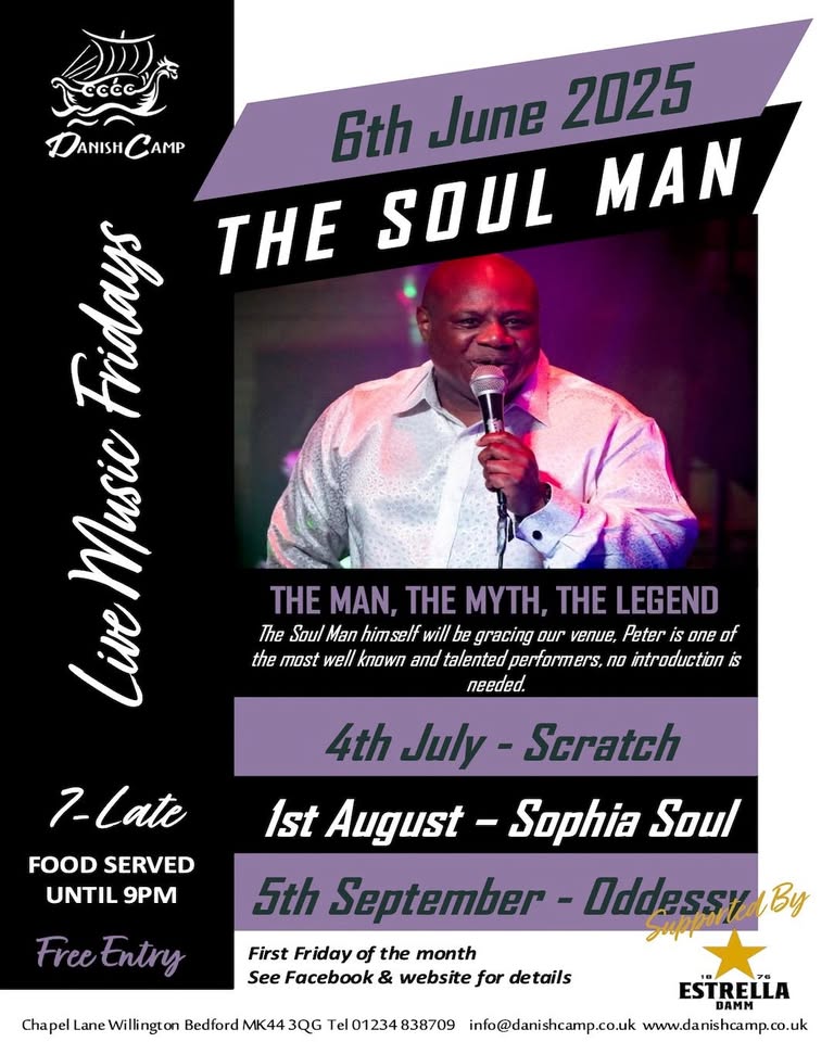 🎤 The Soul Man at The Danish Camp, Willington - Original Event Image | Adults, Entertainment, Food/Drink, Free Entry, Fun, Indoor, Music, Nightlife, Outdoor, Social, Date Idea, Scenic | Suitable for: Accessible, Free Parking, Toilets, Adults Only 🎤 The Soul Man at The Danish Camp, Willington - June 06, 2025 07:00 PM at Danish Camp, Chapel Lane, Willington, Bedford, MK44 3QG