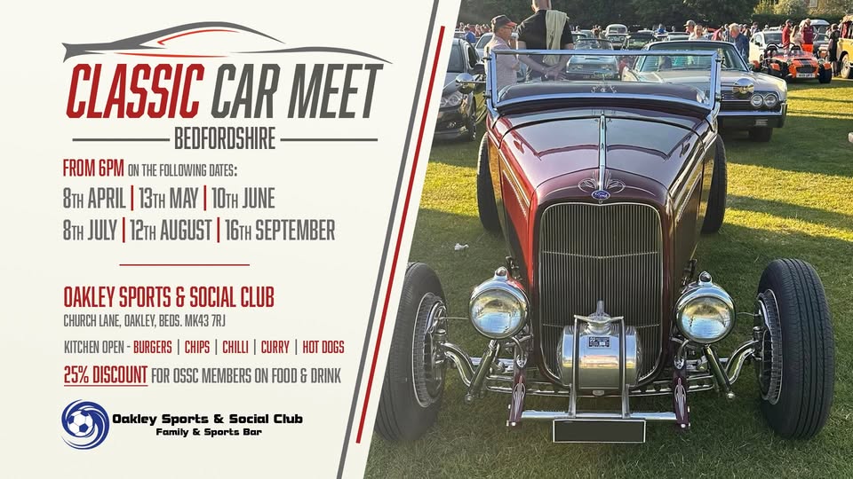 🚘 Bedfordshire Classic Car Meet in Oakley– 2025 - Original Event Image | Adults, Automotive, Family, Food/Drink, Free Entry, Outdoor, Social, Teens, Weather Permitting | Suitable for: Family, Accessible, Free Parking, Parking Onsite, Toilets 🚘 Bedfordshire Classic Car Meet in Oakley– 2025 - June 10, 2025 06:00 PM at Oakley Sports & Social Club Church Ln, Oakley, Bedford MK43 7RJ