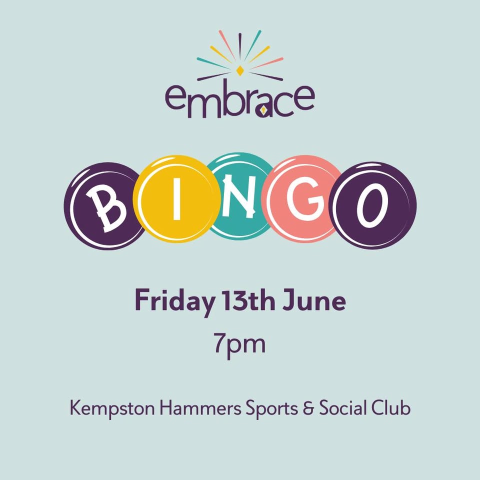 👨👩👧👦 Family Bingo Night for Embrace - Kempston - Original Event Image | Pay On Entry, Social, Nightlife, Adults, Entertainment, Family, Fun, Indoor, Kids, Low Cost | Suitable for: Children, Family, Parking Onsite, Toilets, Accessible, Baby Changing, Wheelchair Friendly 👨👩👧👦 Family Bingo Night for Embrace - Kempston - June 13, 2025 07:00 PM at Kempston Hammers Sports & Social Club, 134 High Street, Bedford, MK42 7BN