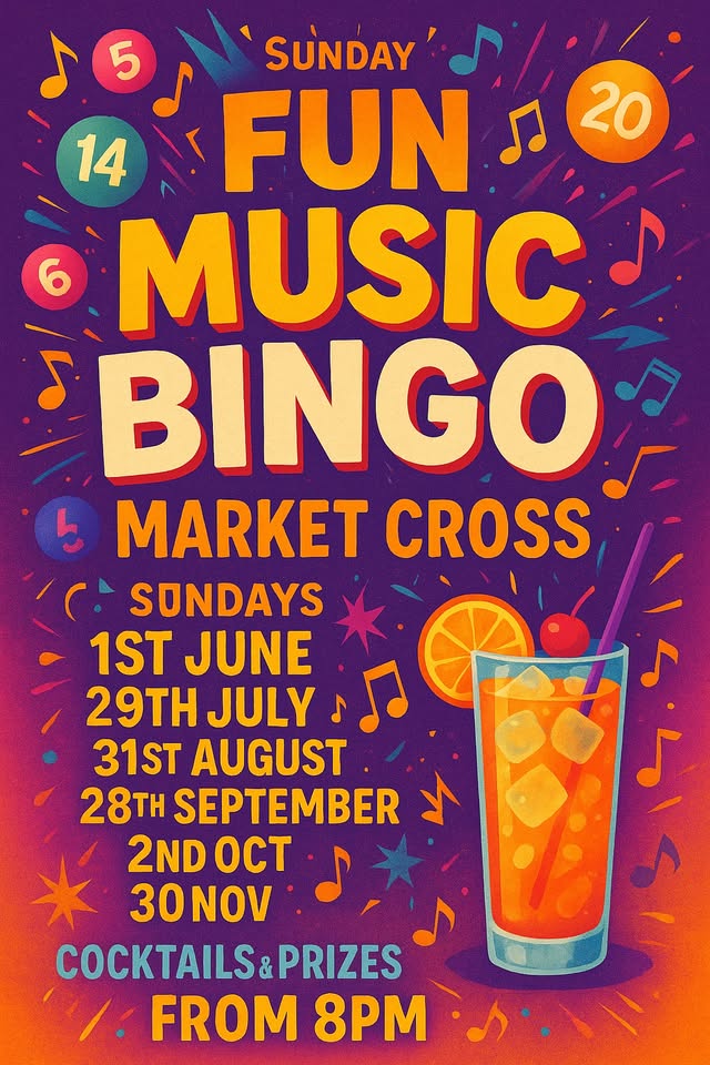 🎶🎱 Music Bingo Party at The Market Cross in Dunstable - Original Event Image | Food/Drink, Social, Activities, Adults, Date Idea, Entertainment, Free Entry, Fun, Indoor, Music, Nightlife, Pubs / Restaurants, Rainy Days | Suitable for: Accessible, Blue Badge Parking, Free Parking, Parking Onsite, Toilets, Wheelchair Friendly, Baby Changing 🎶🎱 Music Bingo Party at The Market Cross in Dunstable - August 31, 2025 08:00 PM at The Market Cross, 14 Luton Rd, Dunstable LU5 4JN