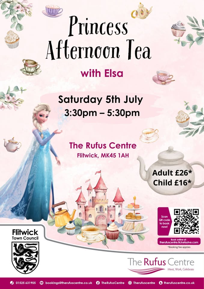 👸 Princess Afternoon Tea at The Rufus Centre, Flitwick - July 2025 - Original Event Image | Advance Booking, Entertainment, Food/Drink, Fun, Indoor, Ticket Event, Kids, Rainy Days, Social | Suitable for: Wheelchair Friendly, Baby Changing, Accessible, Blue Badge Parking, Free Parking, Parking Onsite, Toilets, Children, Family 👸 Princess Afternoon Tea at The Rufus Centre, Flitwick - July 2025 - July 05, 2025 03:30 PM at The Rufus Centre Steppingley Rd, Flitwick, Bedford, MK45 1AH