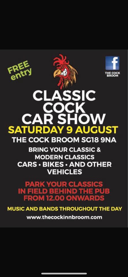🚗 Classic Car Show 2025 - The Cock, Broom - Original Event Image | Adults, Automotive, Family, Food/Drink, Free Entry, Music, Outdoor, Pubs / Restaurants, Social | Suitable for: Family, Toilets 🚗 Classic Car Show 2025 - The Cock, Broom - August 09, 2025 12:00 PM at The Cock, 23 High Street, Broom, Bedfordshire SG18 9NA