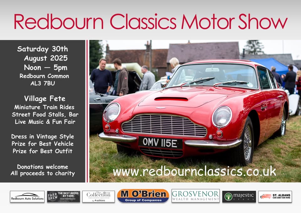 🚘 Redbourn Classics Motor Show 2025 - Original Event Image | Adults, Automotive, Charity, Date Idea, Entertainment, Family, Food/Drink, Low Cost, Music, Outdoor | Suitable for: Accessible, Family, Free Parking, Parking Onsite, Toilets 🚘 Redbourn Classics Motor Show 2025 - August 30, 2025 12:00 PM at REDBOURN NORTH COMMON AL3 7BU