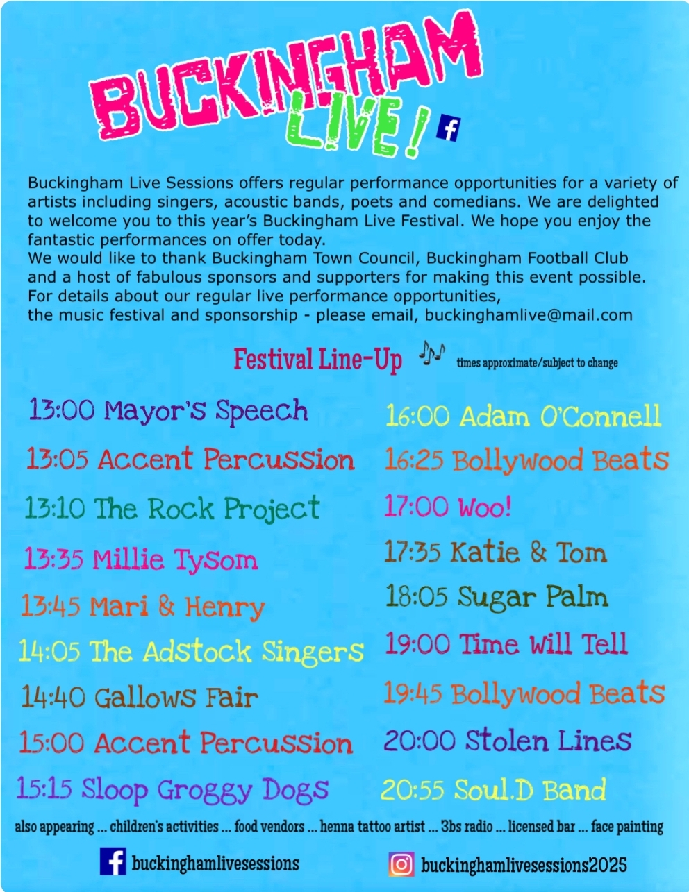 🎶 Buckingham Live 2025 (Free music festival) at Buckingham Football Club,
Stratford Rd, Buckingham MK18 1NY
| Activities, Date Idea, Entertainment, Family, Food/Drink, Free Entry, Fun, Kids, Music, Nightlife, Outdoor, Teens, Walks, Water | Suitable for: Children, Family, Accessible, Wheelchair Friendly 🎶 Buckingham Live 2025 (Free music festival) - Event Image 4 May 25, 2025 01:00 PM