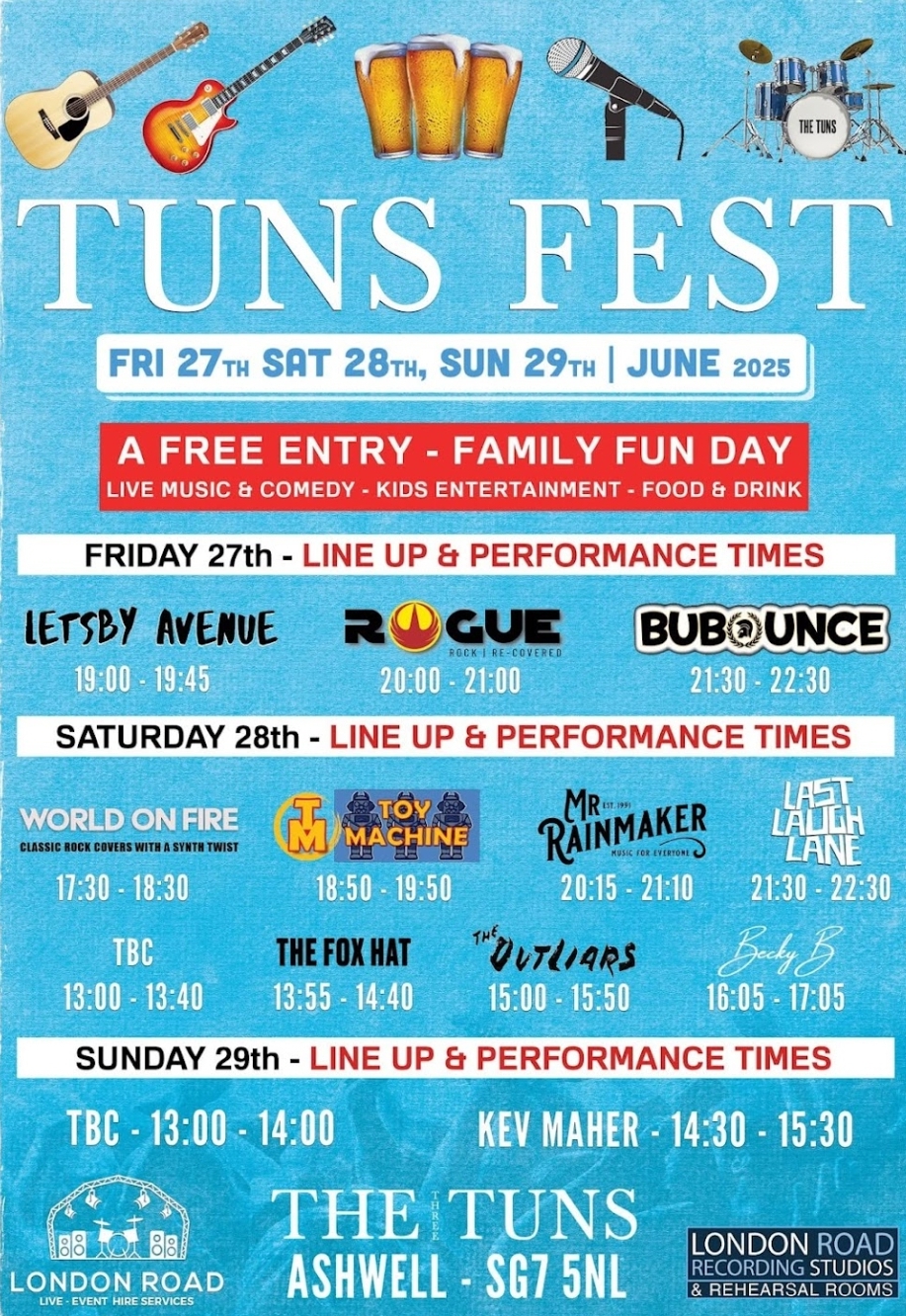 🎊 TUNS FEST 2025 Super Summer Garden Slam - The Three Tuns, Ashwell at The Three Tuns, 6 High Street, Ashwell, Baldock, SG7 5NL | Activities, Adults, Comedy, Date Idea, Entertainment, Family, Food/Drink, Free Entry, Fun, Music, Nightlife, Outdoor, Pubs / Restaurants, Social, Stalls | Suitable for: Children, Family, Toilets 🎊 TUNS FEST 2025 Super Summer Garden Slam - The Three Tuns, Ashwell - Event Image 2 June 29, 2025 01:00 PM