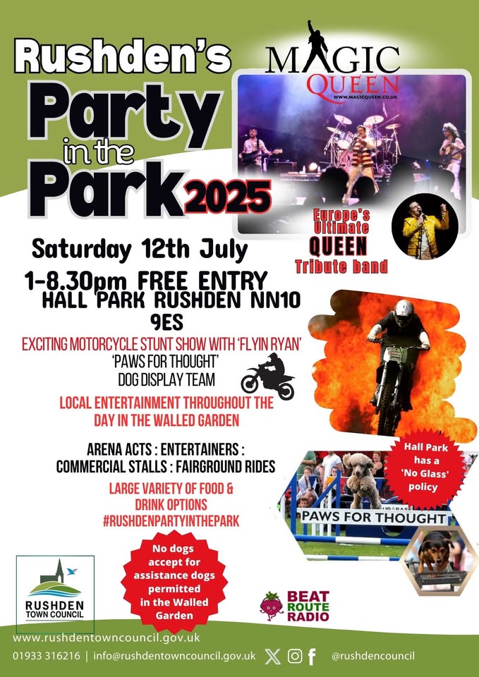 🎉 Rushden’s Party in the Park 2025 at Hall Park - Original Event Image | Activities, Adults, Animals, Annual, Automotive, Baby/Toddlers, Entertainment, Family, Food/Drink, Free Entry, Fun, Fun Fair, Kids, Music, Outdoor, Social, Stalls, Teens | Suitable for: Accessible, Children, Family, Toilets 🎉 Rushden’s Party in the Park 2025 at Hall Park - July 12, 2025 01:00 PM at Hall Park, Rushden, Northants, NN10 9ES