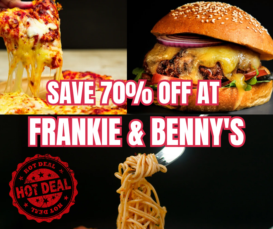 🤑 Save 70% at Frankie & Benny's! | Categories: Food & Drink, Online 🤑 Save 70% at Frankie & Benny's! - $19.95 (70% off) Valid from June 24, 2025 until October 20, 2025