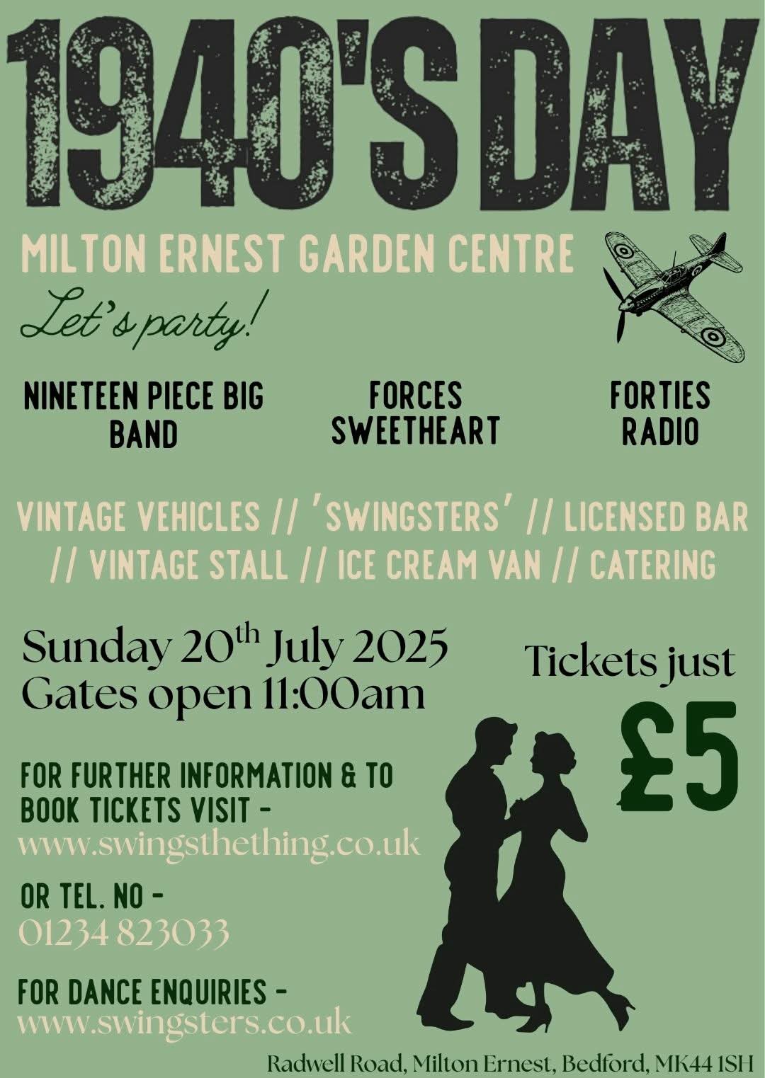 💃1940s Day (Music On The Green) at Milton Earnest Garden Centre at Milton Ernest Farden Centre, Radwell Road, Milton Ernest, MK44 1SH | Adults, Date Idea, Entertainment, Family, Food/Drink, Low Cost, Music, Outdoor, Social, Stalls, Weather Permitting, Automotive | Suitable for: Adults Only, Family, Free Parking, Parking Onsite, Toilets 💃1940s Day (Music On The Green) at Milton Earnest Garden Centre - Event Image 2 July 20, 2025 11:00 AM