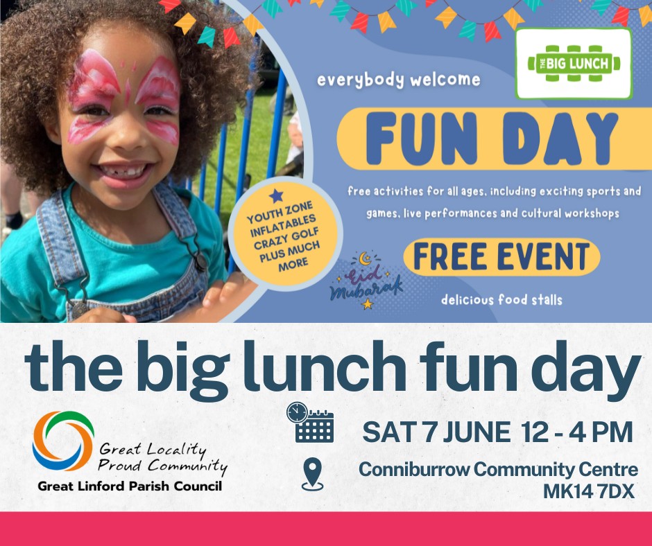🎊 Free Fun Day 2025 - Conniburrow community Centre, - Original Event Image | Activities, Entertainment, Family, Food/Drink, Free, Free Entry, Fun, Kids, Music, Outdoor, Play Area, Social, Sports, Play Parks, Teens | Suitable for: Children, Family, Toilets 🎊 Free Fun Day 2025 - Conniburrow community Centre, - June 07, 2025 12:00 PM at Connniburrow Community Centre, 37-39 Conniburrow Blvd, Conniburrow, Milton Keynes MK14 7DX