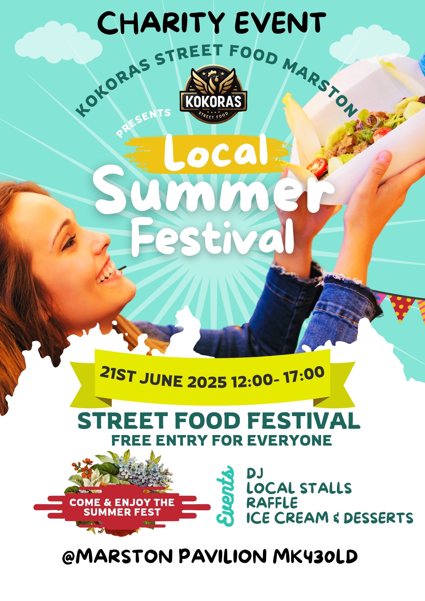 🎊 MARSTON MORETAINE STREET FOOD FESTIVAL 2025! - Original Event Image | Activities, Adults, Craft Fair, Date Idea, Entertainment, Family, Food/Drink, Free Entry, Fun, Kids, Music, Outdoor, Parks, Play Parks, Stalls, Teens, Charity, Sports | Suitable for: Accessible, Children, Family 🎊 MARSTON MORETAINE STREET FOOD FESTIVAL 2025! - June 21, 2025 12:00 PM at Marston Moretaine Playing Field, MK43 0LD