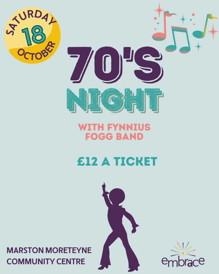 💃 70's Night for Embrace with Fynnius Fogg - Marston Moretaine Community Centre - Original Event Image | Adults, Advance Booking, Charity, Entertainment, Food/Drink, Indoor, Music, Nightlife, Social, Ticket Event | Suitable for: Adults Only, Toilets 💃 70's Night for Embrace with Fynnius Fogg - Marston Moretaine Community Centre - October 18, 2025 06:30 PM at Marston Moretaine Community Centre Great Linns, Marston Moretaine, Bedfordshire MK43 0DD