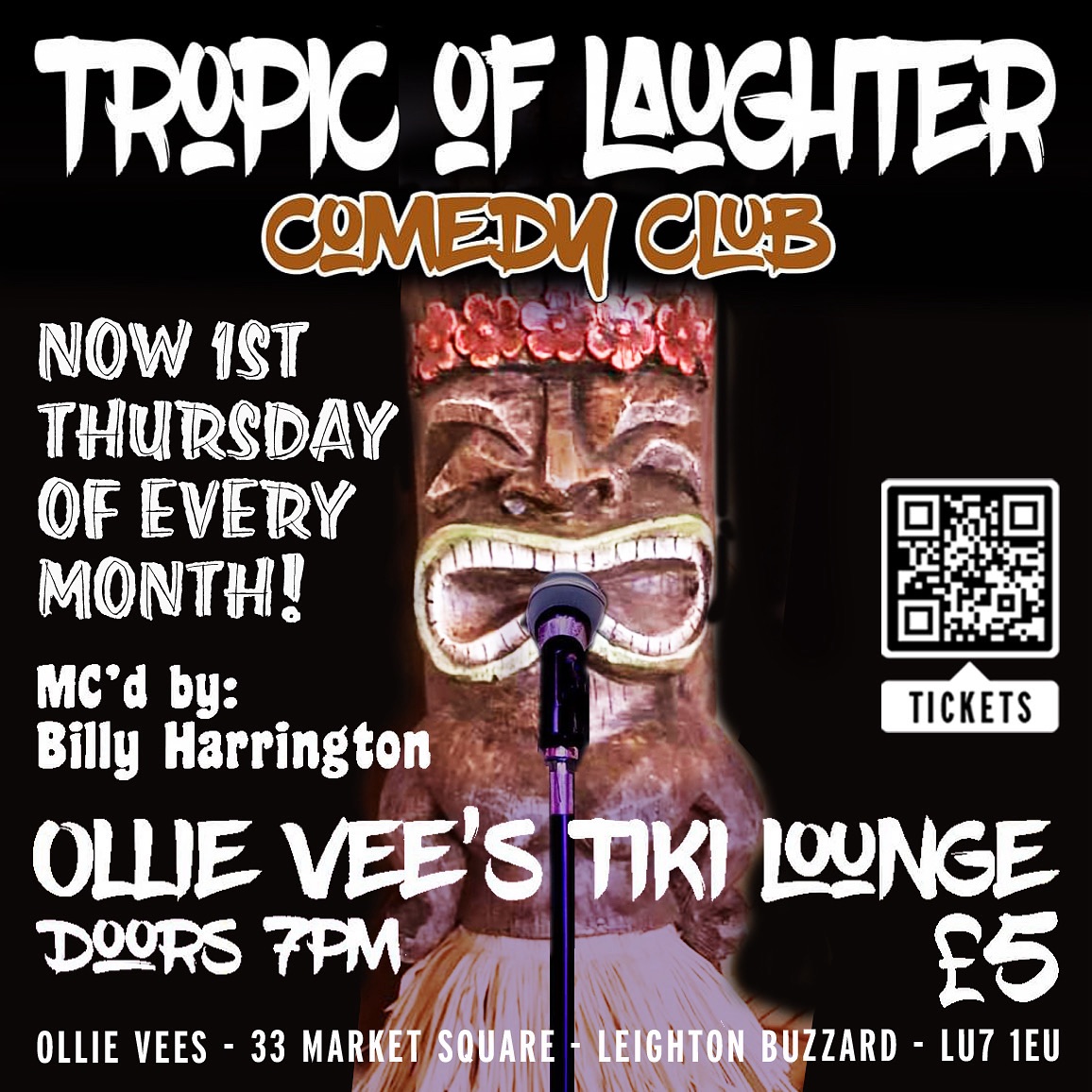 🤭 Tropic Of Laughter Comedy Night at Ollie Vees, Leighton Buzzard - Original Event Image | Adults, Advance Booking, Comedy, Date Idea, Entertainment, Food/Drink, Fun, Indoor, Low Cost, Nightlife, Pubs / Restaurants, Rainy Days, Social, Ticket Event | Suitable for: Adults Only, Toilets 🤭 Tropic Of Laughter Comedy Night at Ollie Vees, Leighton Buzzard - August 07, 2025 08:00 PM at Ollie Vees Tiki Lounge, 29 Market Square, Leighton Buzzard, LU7 1EU, United Kingdom