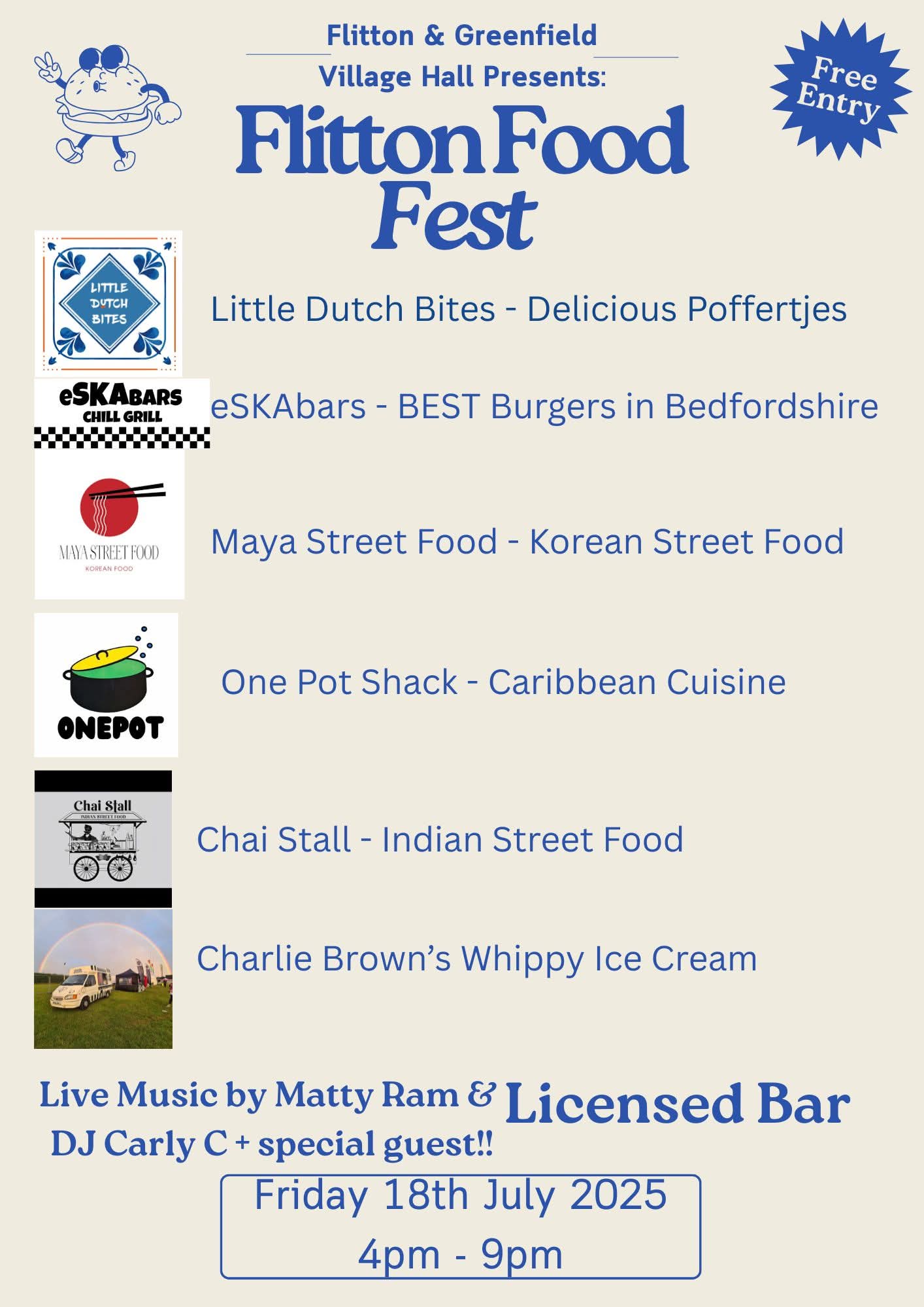 😋 Flitton Food Fest 2025! at Flitton & Greenfield Village Hall
78 Greenfield Rd, Flitton, Bedfordshire MK45 5DR | Adults, Family, Food/Drink, Free Entry, Music, Nightlife, Outdoor, Play Parks, Social, Date Idea, Entertainment | Suitable for: Accessible, Children, Family, Free Parking, Parking Onsite, Toilets, Wheelchair Friendly 😋 Flitton Food Fest 2025! - Event Image 2 July 18, 2025 04:00 PM