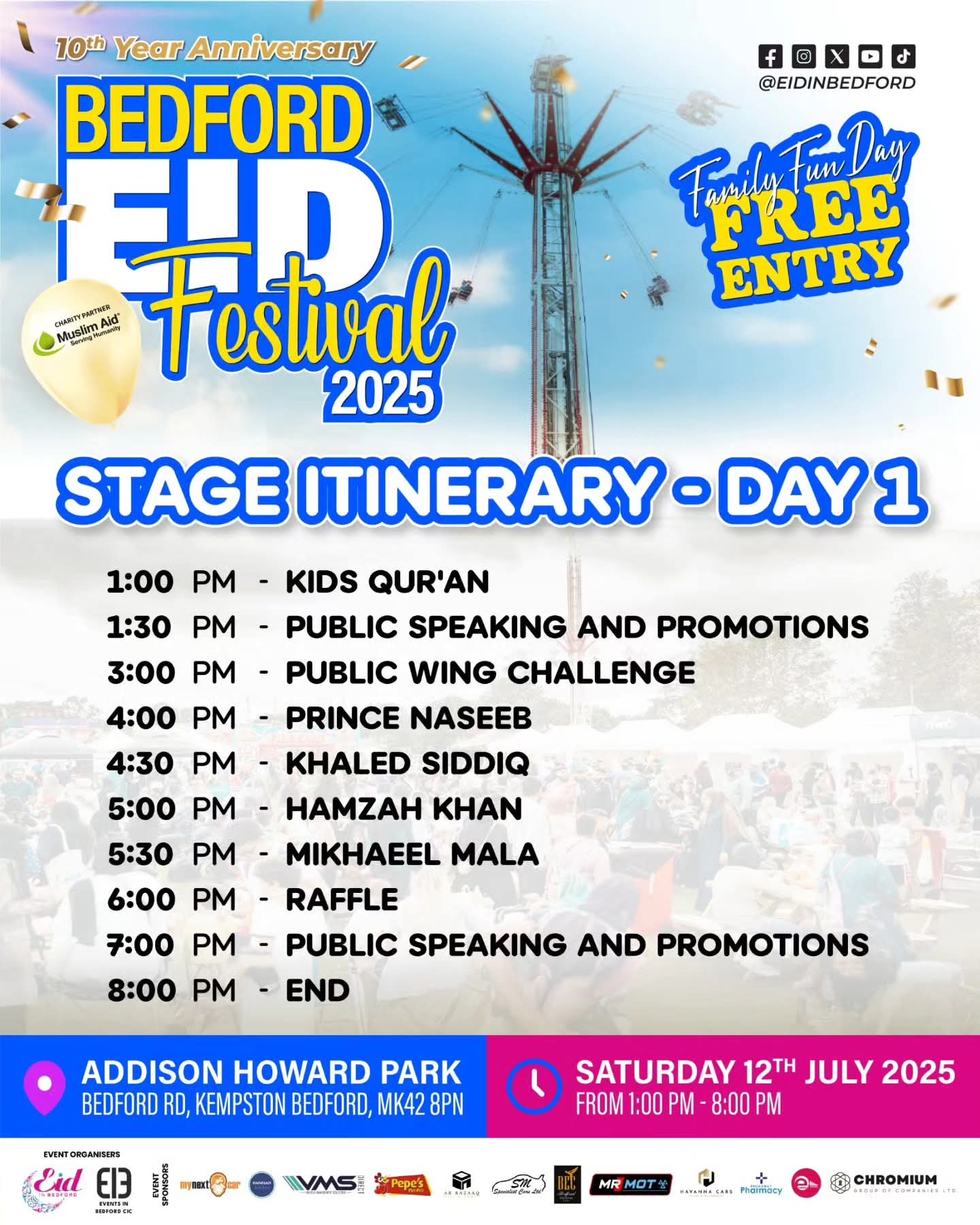 🎊 Bedford Eid Festival 2025 (Free entry) - Kempston at Addison Centre, Addison Howard Park, Bedford Rd, Kempston, Bedford, MK42 8PN | Adults, Attractions, Baby/Toddlers, Entertainment, Family, Food/Drink, Free Entry, Fun, Music, Nightlife, Outdoor, Social, Stalls, Fun Fair | Suitable for: Children, Family, Parking Onsite, Toilets 🎊 Bedford Eid Festival 2025 (Free entry) - Kempston - Event Image 5 July 12, 2025 01:00 PM