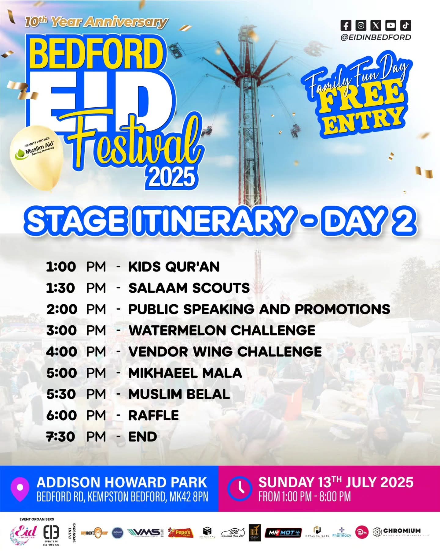 🎊 Bedford Eid Festival 2025 (Free entry) - Kempston at Addison Centre, Addison Howard Park, Bedford Rd, Kempston, Bedford, MK42 8PN | Adults, Attractions, Baby/Toddlers, Entertainment, Family, Food/Drink, Free Entry, Fun, Music, Nightlife, Outdoor, Social, Stalls, Fun Fair | Suitable for: Children, Family, Parking Onsite, Toilets 🎊 Bedford Eid Festival 2025 (Free entry) - Kempston - Event Image 6 July 12, 2025 01:00 PM