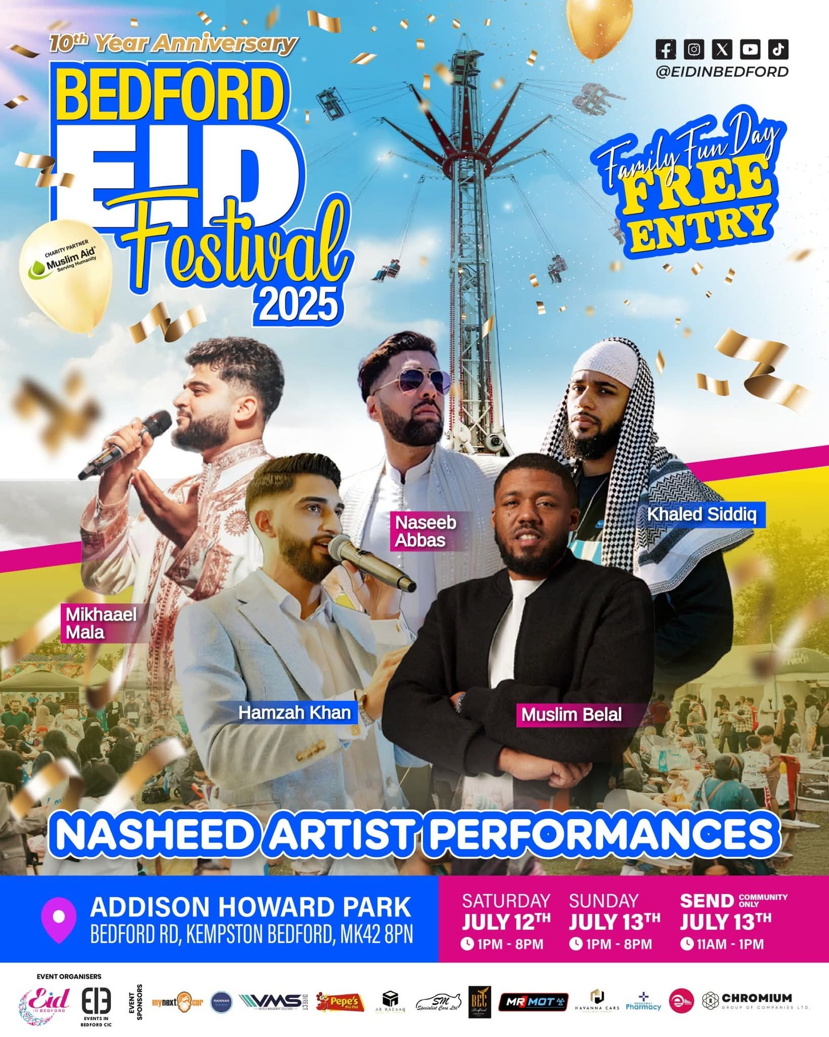 🎊 Bedford Eid Festival 2025 (Free entry) - Kempston at Addison Centre, Addison Howard Park, Bedford Rd, Kempston, Bedford, MK42 8PN | Adults, Attractions, Baby/Toddlers, Entertainment, Family, Food/Drink, Free Entry, Fun, Music, Nightlife, Outdoor, Social, Stalls, Fun Fair | Suitable for: Children, Family, Parking Onsite, Toilets 🎊 Bedford Eid Festival 2025 (Free entry) - Kempston - Event Image 7 July 12, 2025 01:00 PM